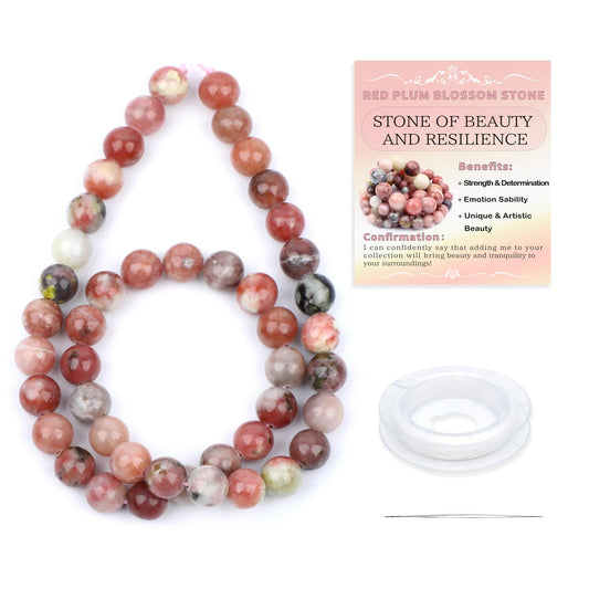 CMBYN Natural Stone Beads Round Genuine Real Stone Beading Strand Loose Gemstones DIY Smooth Bead for Bracelet Necklace Earrings Jewelry Making (Red Plum Blossom Stone, 8mm 45 Pieces)