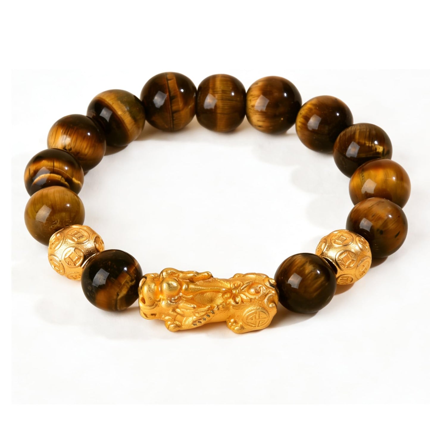 FYXOTI 12mm Tigers Eye Beaded Bracelets for Women Men,Pixiu Feng Shui Good Luck Protection Bracelet Elastic Stretch Wealth Jewelry for Wrist 6-8 Inches