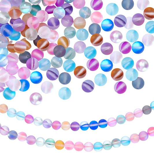PONABEADIY 1 Box 135PCS 8MM Rainbow Round Moonstone Beads with Holes Blue Pink Green Orange Matte Assorted Gemstone Stone Spacer Loose Bead Bulk for Jewelry Making Necklace Bracelet DIY Craft Supply