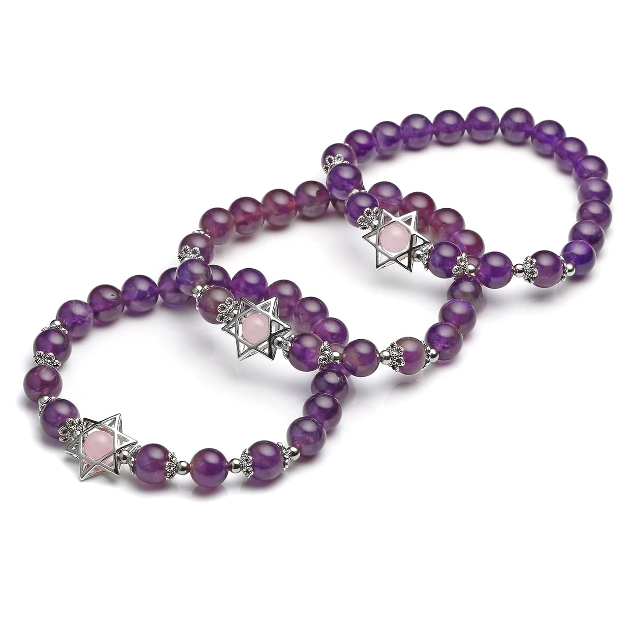 Jovivi 2pcs Natural Semi Precious Gemstone Amethyst Rose Quartz Crystal Bracelets Set Handmade Healing Stone Beads Beaded Stretch Bracelet for Women