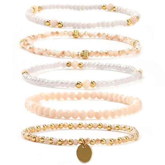 Bohxantium Gold Crystal Beaded Bracelets for Women 14K Gold Plated Beads Ball Bracelet Stack Stretch White Seed Beads Stackable Non Tarnish Trendy Jewelry Prom Birthday Friendship Gift for Women