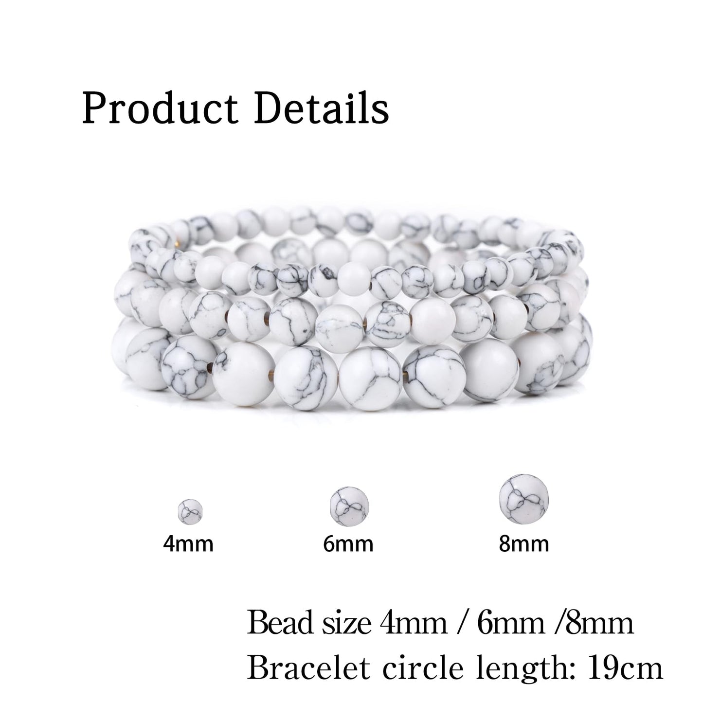 Risyfjew 3 PCS Natural Stone Beaded Stretch Bracelet 4mm 6mm 8mm Healing Crystal Bracelets Women Howlite Jewelry Gift