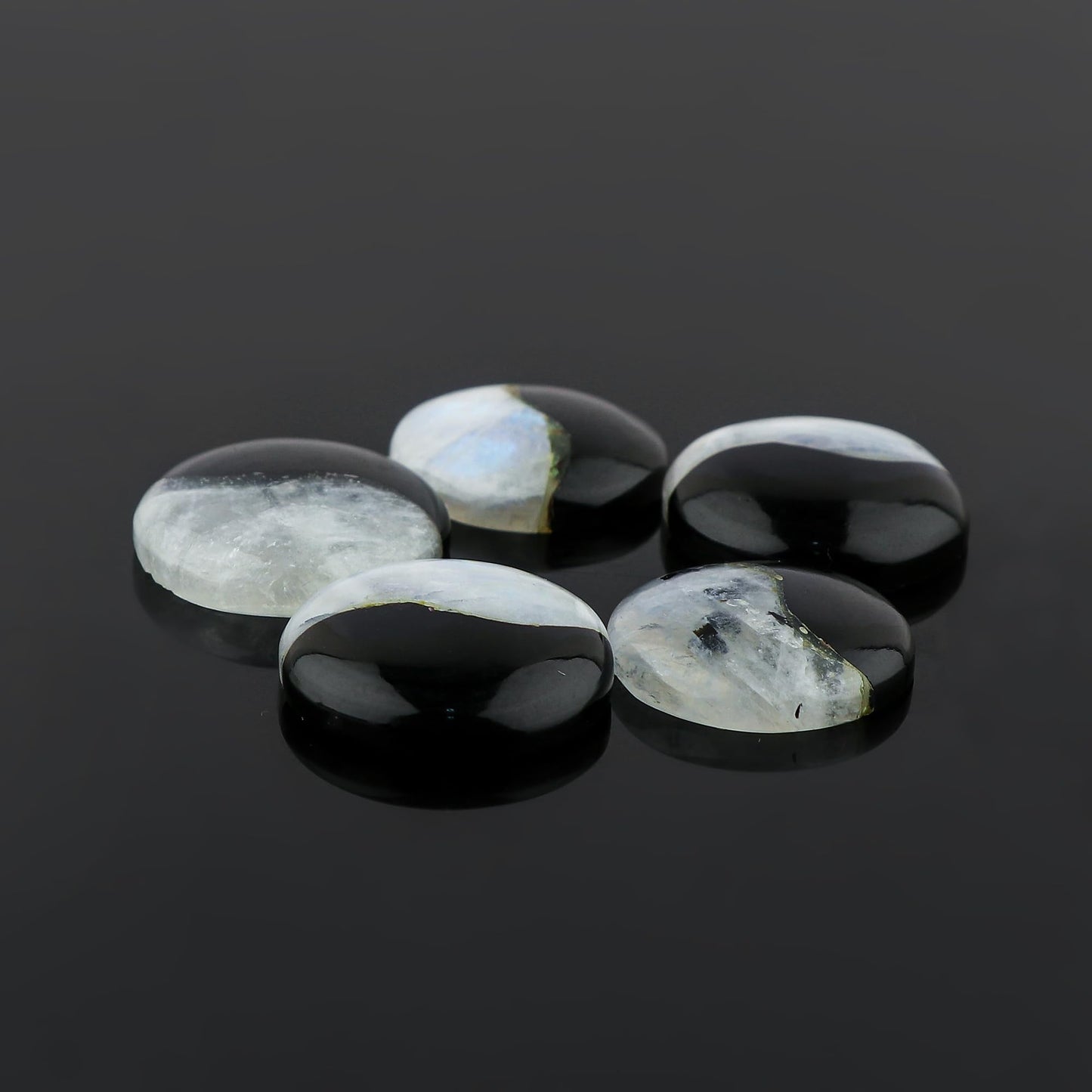 CRYSTALIS 5pcs Natural Moonstone & Black Agate, Ying Yang, Loose Gemstone Wholesale Bulk Cabochons Jewelry Making Supply, Chakra Healing Polished Stones, Wire Wrapping, DIY, Gem Collection, 20mm