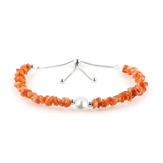 CRYSTALIS Natural Sunstone Beads Slider Bolo Bracelet with Elegant Pearl, Uncut Chips Nuggets Crystals, Chakra Healing Gemstone, Women Jewelry, 925 Sterling Silver Slider 10 inch