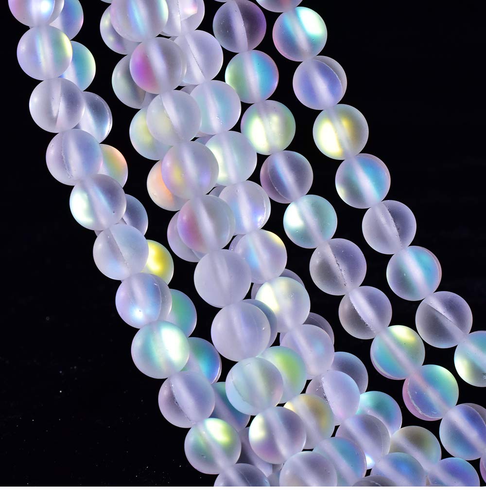Asingeloo 60PCS 6mm Natural Mystic Aura Quartz Gemstone Frosted Matte Titanium Opalite White Rainbow Round Loose Beads 15 inch Full Strand