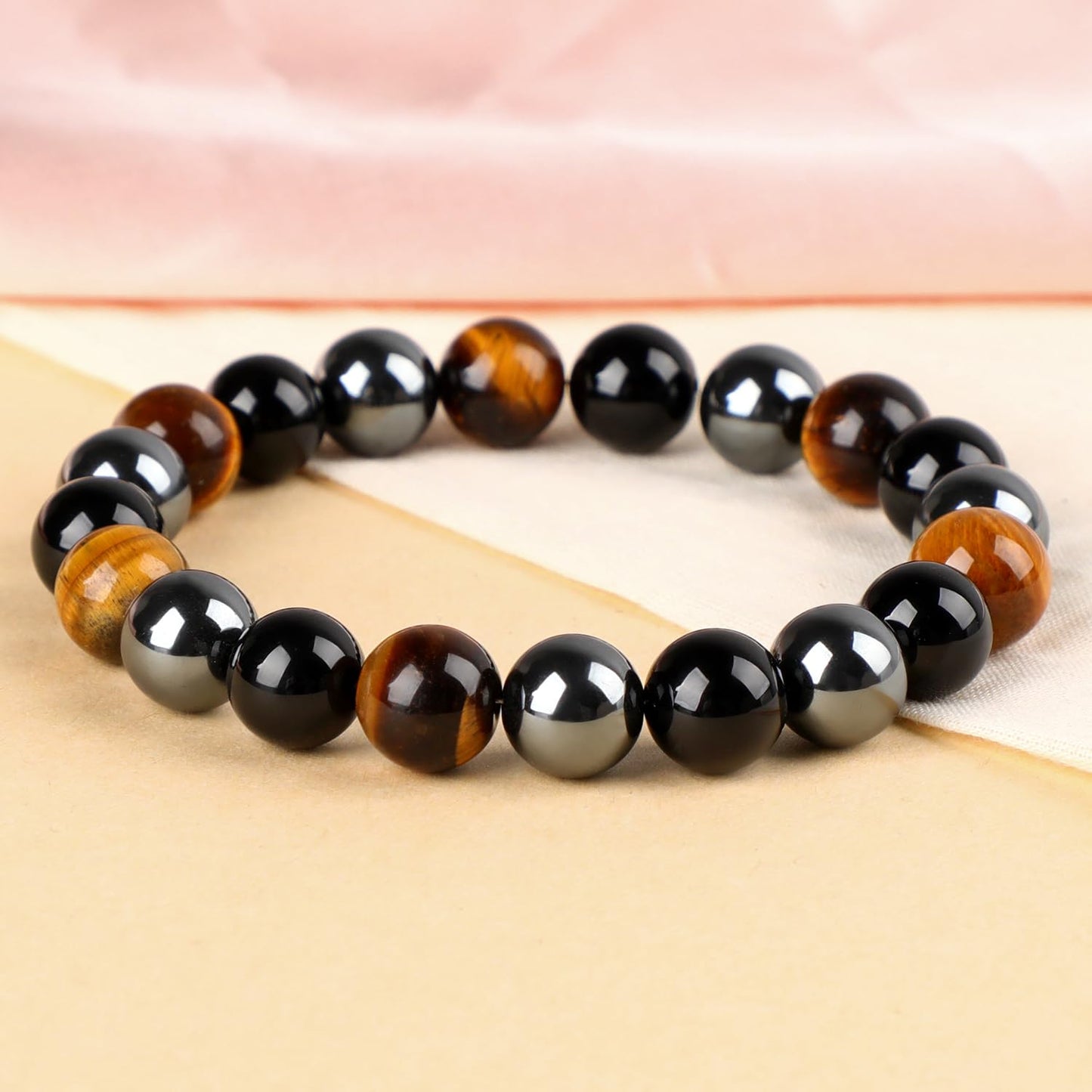 LPBeads Handmade Natural Gemstone Stretch Elastic 10mm Onyx Tiger Hematite Mixed Stone Bracelet Healing Crystal Round Stone Beads Jewelry Gifts for Women Men