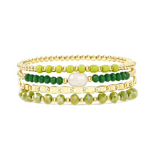 Gold Bracelets for Women Green Crystal Multiple Layered Stackable Wrap Beaded Bangle Set Coffee Bean Chain Trendy Jewelry
