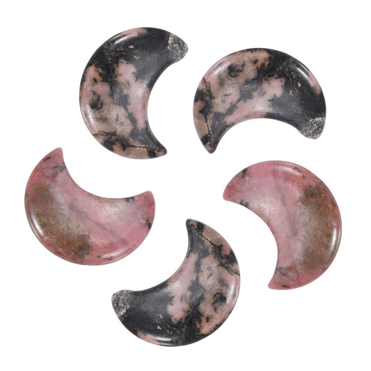 MECCANIXITY 5 Pcs Moon Crystal Worry Stone, 1.2 Inch Length Natural Rhodonite Moon Gemstone Bulk, Carved Pocket Stones for Meditation Balancing Pendant Decor