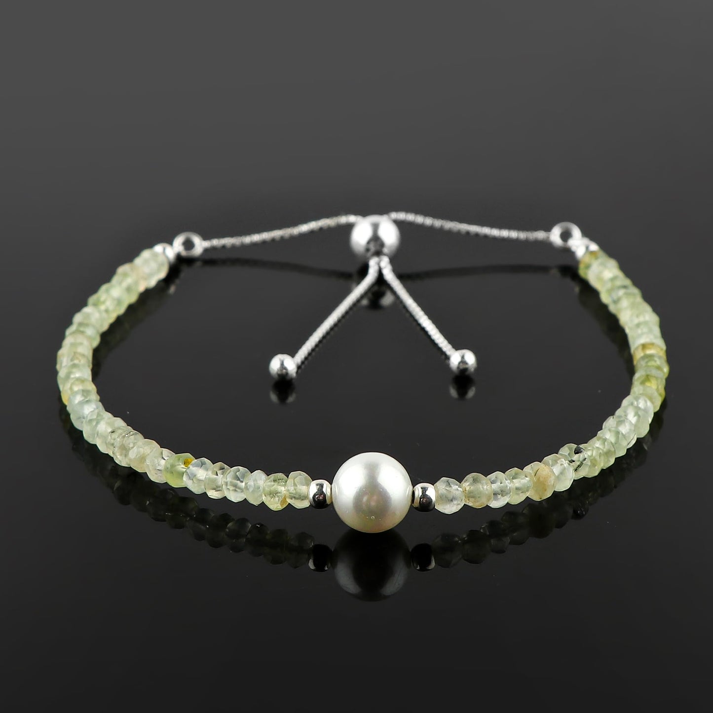 CRYSTALINES Natural Prehnite Gemstone Bolo Bracelet & Pearl, Faceted Beads Stones, Handmade Boho Hypoallergenic Jewelry, Healing Crystals, Silver Adjustable Chain 6+4inch, Minimalist Trendy Gifts