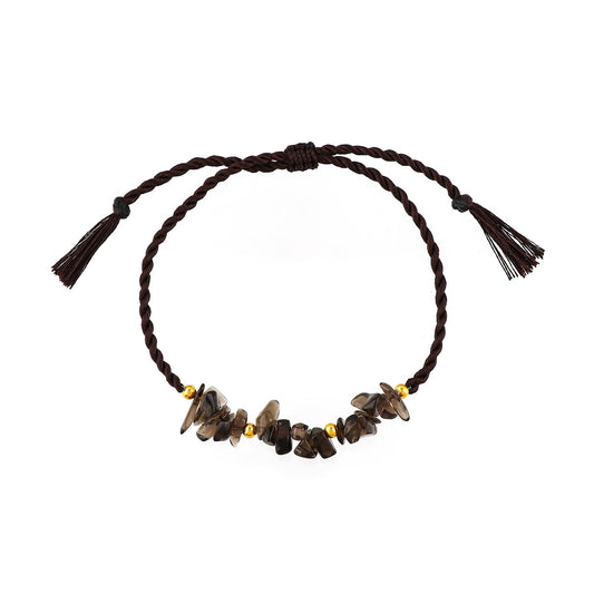 GEMSYMPHONY Smoky Quartz Gemstone Chips Rope Bracelet – Adjustable Handmade Crystal Chip Bead Bracelet for Women & Men, Natural Stone Healing Jewelry, Boho Style, Unisex Spiritual Gift (Smoky Quartz)
