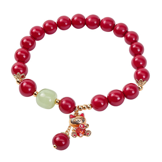 Buddha Stones Mothers Day Gifts 8mm Red Cinnabar Bracelet for Women, Feng Shui Lucky Cat Charm Bracelet with Jade, Healing Bracelets Attract Wealth and Good Luck, Stretch Bead Jewelry