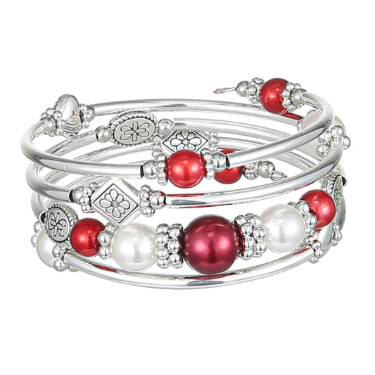 FULU AUTUMN Beaded Pearl Bangle Bracelets for Women Silver Wrap Bangles Bracelet Womens Costume Jewelry Fashion Gift(18-Red)