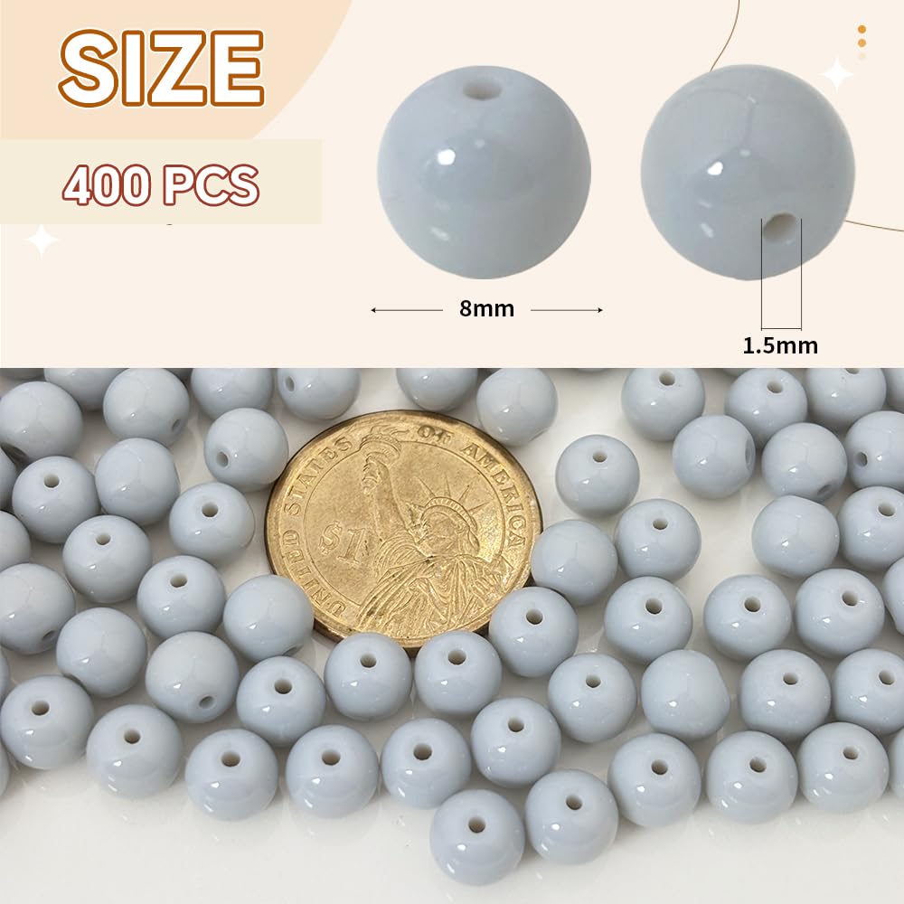 PAMIR TONG 400pcs 8mm Round Glass Beads for Bracelet Pretty Smooth Loose Beads for Necklace-Earring-Jewelry Making and DIY Crafts (Gray)