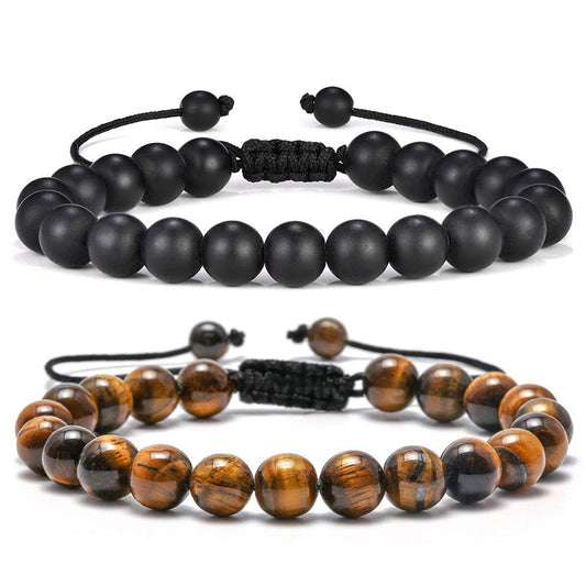 M MOOHAM Mens Bracelet Gifts for Him - Tiger Eye Black Matte Agate Mens Adjustable Bracelet Gifts for Teen Boy 16-18