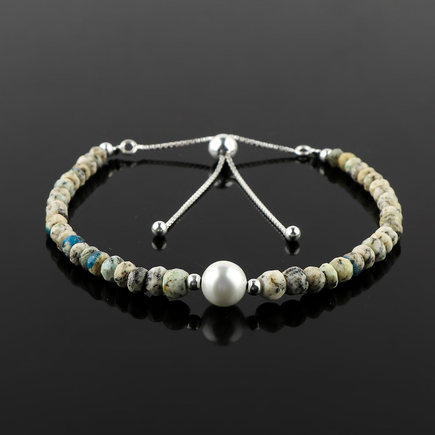CRYSTALINES Natural K2 Jasper Gemstone Bolo Bracelet & Pearl, Faceted Beads Stones, Handmade Bohemian Jewelry for Women, Healing Crystals Gift, Hypoallergenic Silver Adjustable Chain 6+4inch