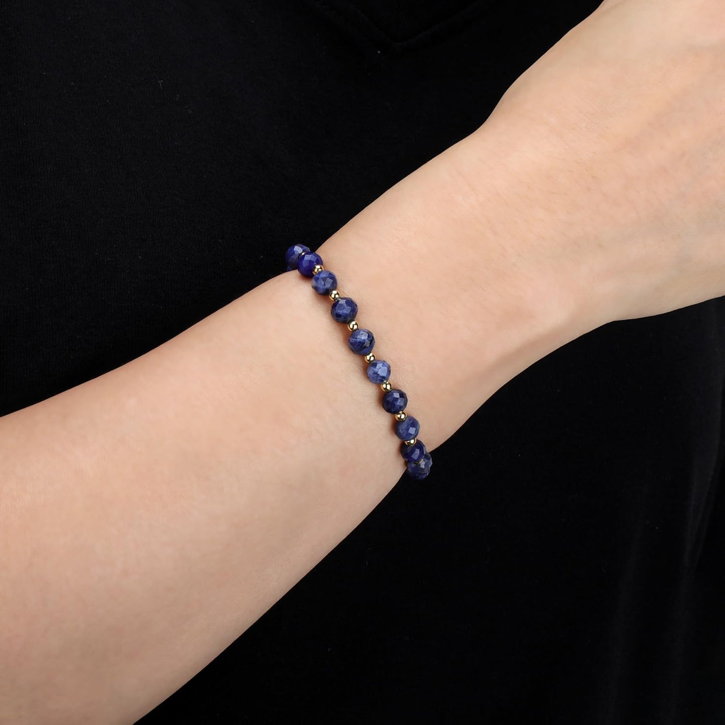 QOGIR Blue Sodalite - Self Confidence - 14K Gold Plated Beads Natural Gemstone Stretch Elastic Dainty Healing Beaded Bracelets Gifts 6mm