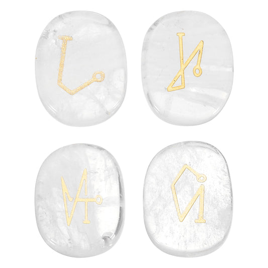 MECCANIXITY 4Pcs Engraved Chakra Stones with Reiki Symbols, Clear Quartz Reiki Healing Crystal Gemstone 7 Chakra Crystal Stones Tumbled Palm Stone for Anxiety Relieve
