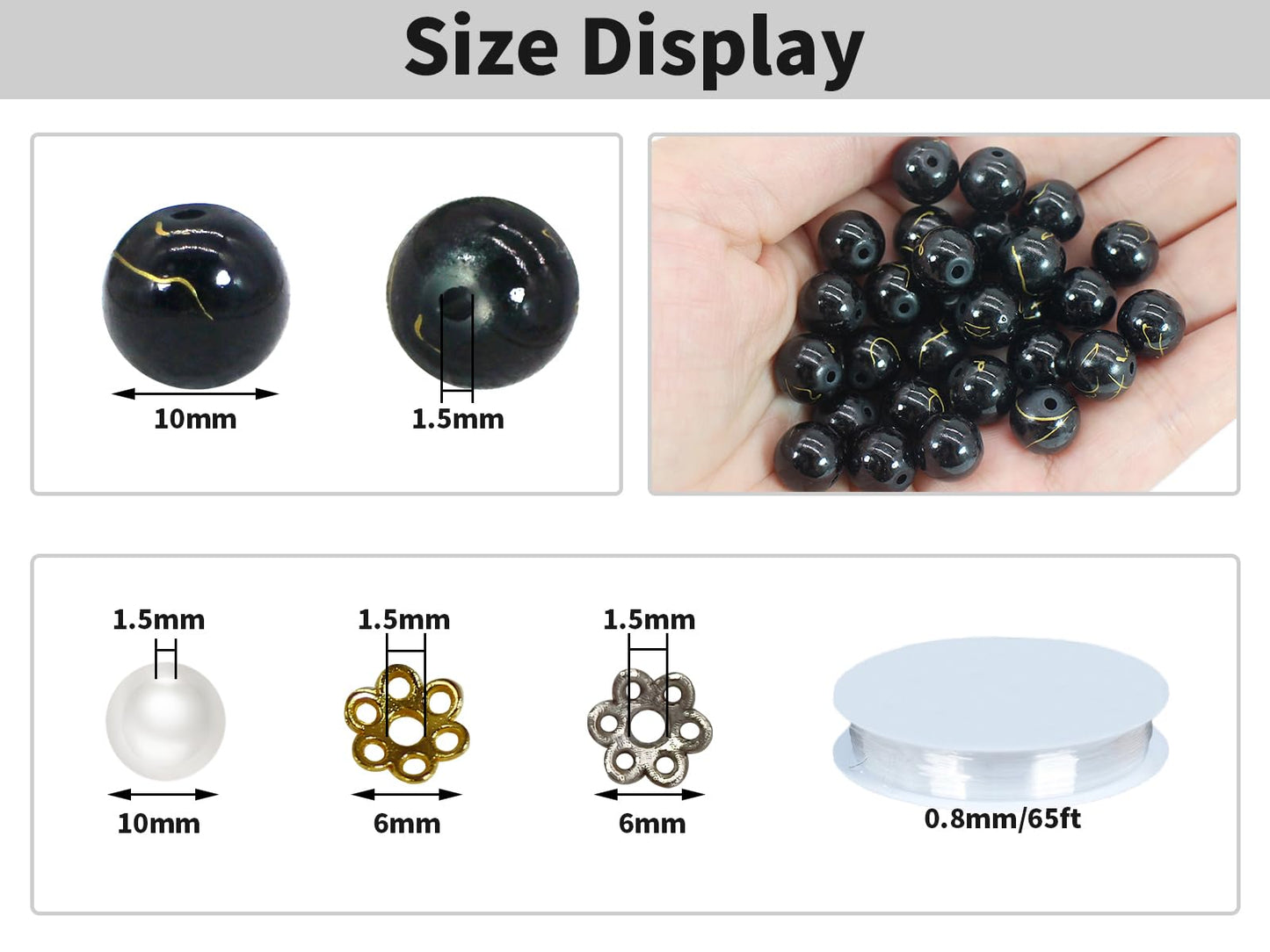 Pamir Tong 300PCS 10mm Black & Gold Round Glass Beads Bracelet Space Loose Smooth Beads for Jewelry Making, Earring, Necklaces, Keychains, Lanyards & Adult Crafting