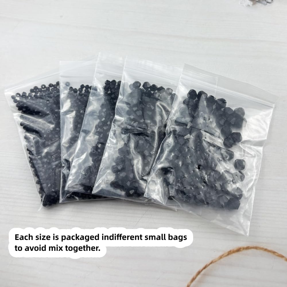 Pinhoollgo 1310pcs Bicone Crystal Glass Beads 2mm 3mm 4mm 6mm 8mm Faceted Crystal Spacer Beads for Bracelets Necklace Pendants Earrings DIY Jewelry Craft Making(Black)