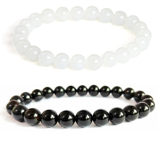 Cryhand Black Tourmaline White Jade Bracelets For Men Protection Healing Crystal Bracelet For Women Spiritual Charms Stretchy 8mm Beaded Lucky Handmade Anxiety Braceletss