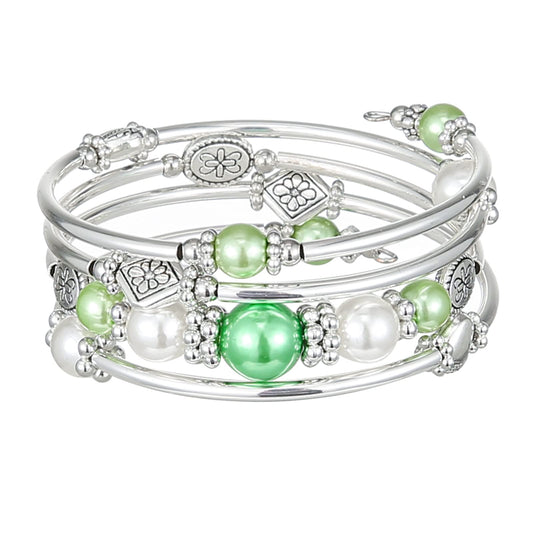 FULU AUTUMN Beaded Pearl Bangle Bracelets for Women Silver Wrap Bangles Bracelet Womens Costume Jewelry Fashion Gift(18-Green)