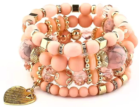 Women Beaded Bracelets, Multi-layer Peach Color Beaded Bracelet with gold charm Heart Bangles Set Gemstone Woven Female Jewelry Bracelet, Ideal for Festivals, Summer Parties, Beachwear, and Casual Outfits
