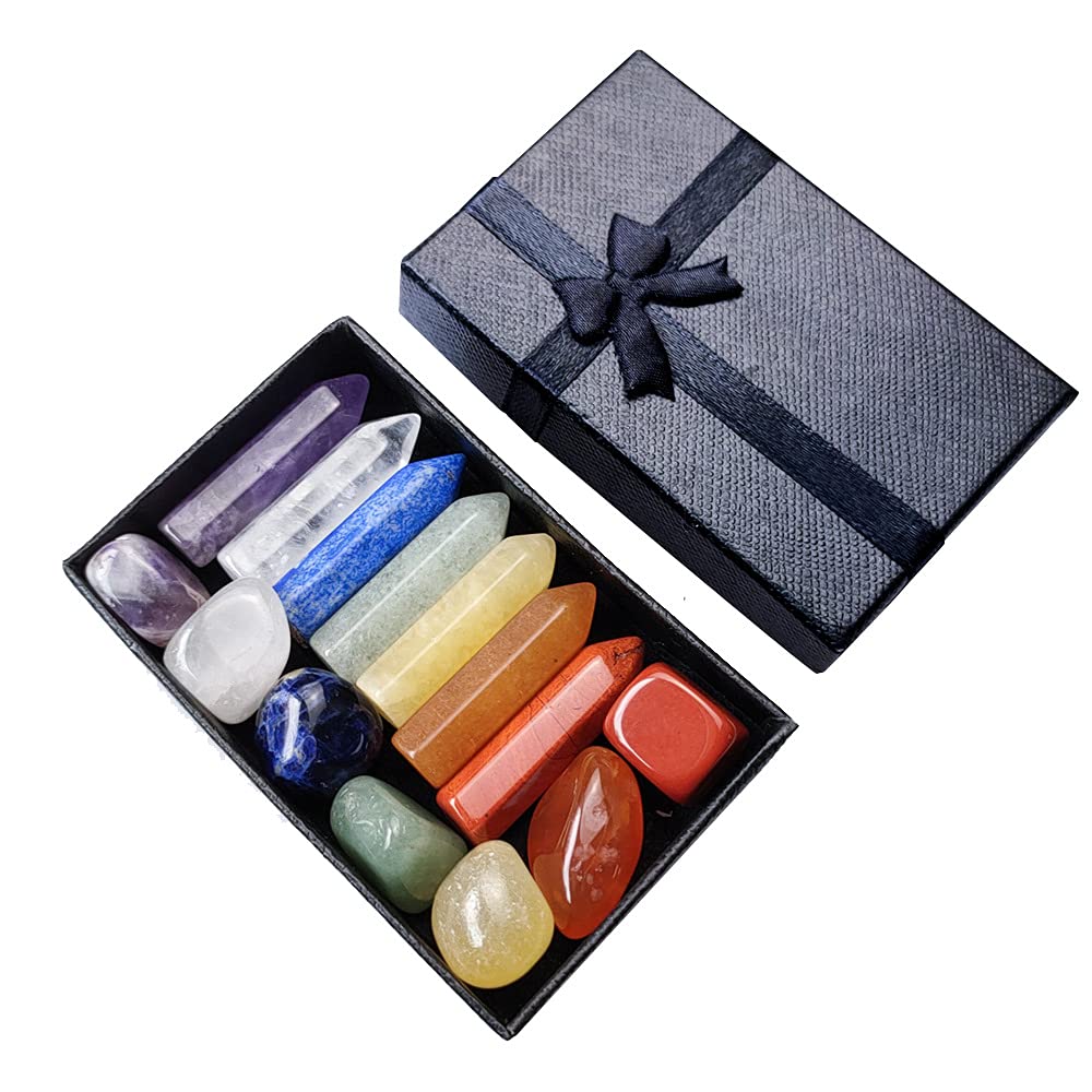 Chakra Crystal Stones Healing Kit, Healing Crystal Wands Crystals Points Reiki, 7 Chakra Set Tumbled Stones Reiki Chakra Meditation Therapy