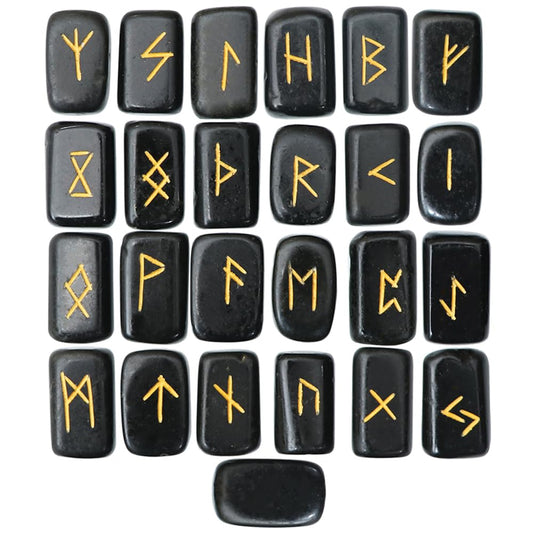 Crocon Black Agate Rectangle Shape Gemstone Runes with Elder Futhark Alphabet Engraved 25 pcs Rune Set Crystal Metaphysical Healing Chakra Reiki Runes Set with a Pouch Fathers day gift Size: 20-25mm