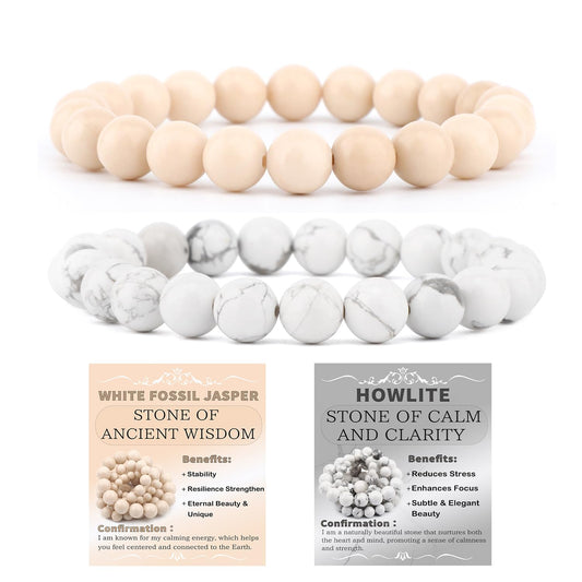 NCB 2-Piece 8mm Natural Crystal Gemstone Stretch Bracelets – ﻿Howlite, White Fossil Jasper Handmade Reiki Energy Healing Jewelry for Meditation,Yoga, Unisex