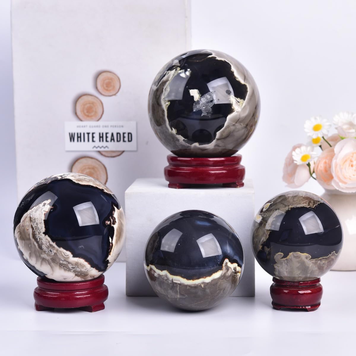 JIC Gem Volcanic Agate Crystal Sphere Large Quartz Crystal Ball with Stand Healing Ornament Witchcraft Meditation Decor 3.5-4 inch(90-100mm)
