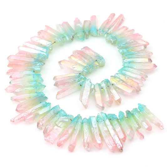 BEADIA Light Blue/Pink Titanium Coated Crystal Quartz Spike Point Stick Beads Rough 1.0"-1.5" for Jewelry Making 15 Inch/Strand