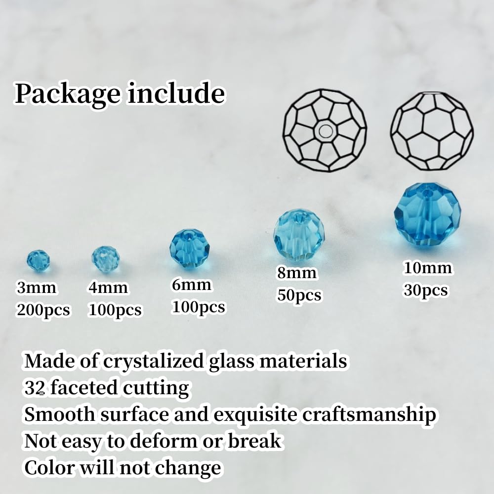 Honkoolly 480pcs Crystal Glass Beads 3mm 4mm 6mm 8mm 10mm Round Faceted Glass Spacer Beads for Bracelets Necklace Earring DIY Jewelry Making Craft(Lake Blue)