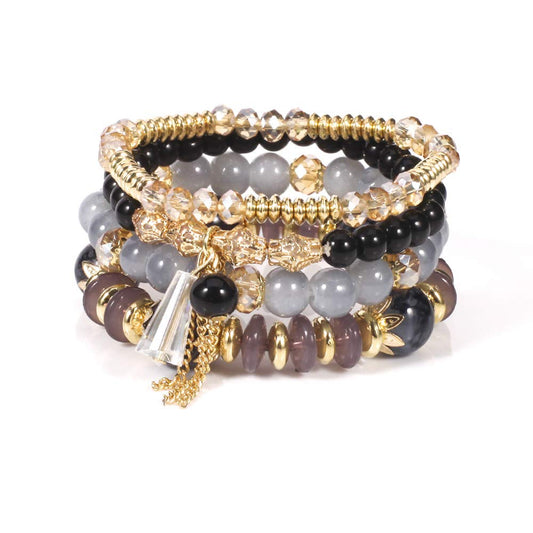 LOTSOF Bohemian Green Jade Stackable Bracelet Set - 4-Layer Stretch Beaded Bracelets with Gold Accents, Boho Jewelry for Women, Fashion Statement Accessory (Gift Ready) (Black)