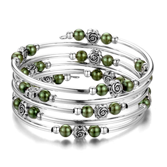 BULINLIN Wrap Bangle Rose Bead Bracelet - Beaded Bracelet with Natural Agate Stone Gifts For Women(01-Olive green pearl)