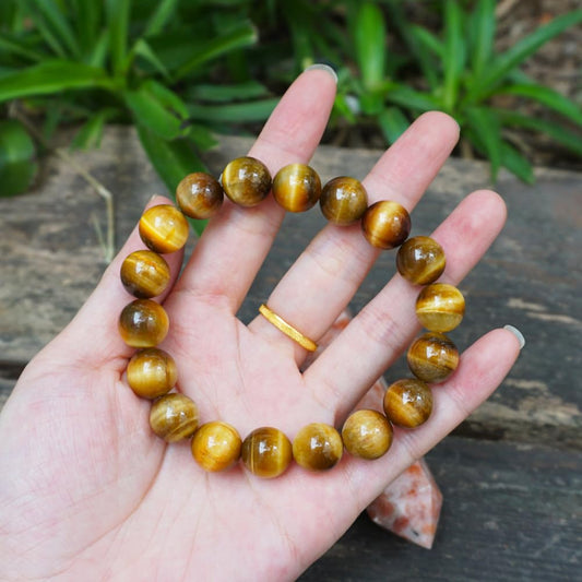 TaHLga Golden Tigers Eye Crystal Bracelet for Men Women 12mm |Natural Solar Plexus Chakra Stone | Bring Wealth & Protection | Fits for Large Wrist 8-8.5" | Come with Box & Pouch