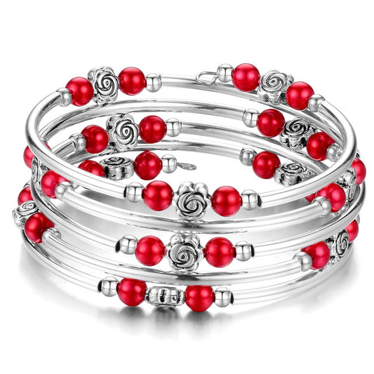 BULINLIN Wrap Bangle Rose Bead Bracelet - Beaded Bracelet with Natural Agate Stone Gifts For Women(01-Red pearl)