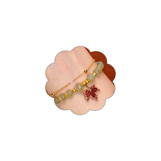 XIAOMOJEW Jade Beaded Bracelets for Women Fall Maple Pendant Bangle Bracelets Chinese Style Bangle Lucky Boho Jewelry (G Maple A)