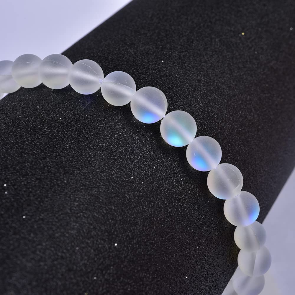 Asingeloo 48PCS 8mm Natural Mystic Aura Quartz Gemstone Frosted Matte Titanium Opalite White Rainbow Round Loose Beads 15 inch Full Strand