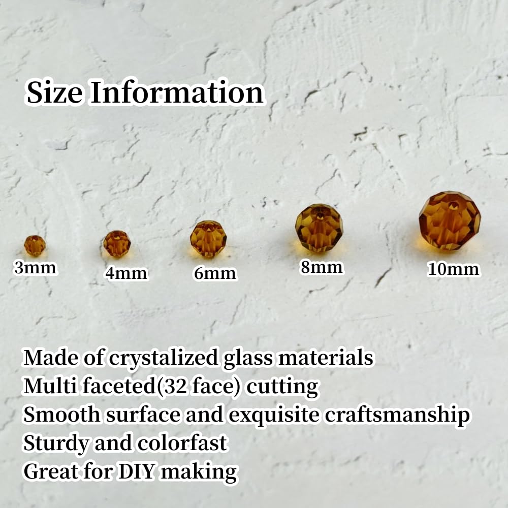YUEXIGO 200pcs 6mm Round Crystal Glass Beads for Jewelry Making, Faceted Crystal Glass Spacer Beads for Bracelet Earring Necklace DIY Craft(Amber)