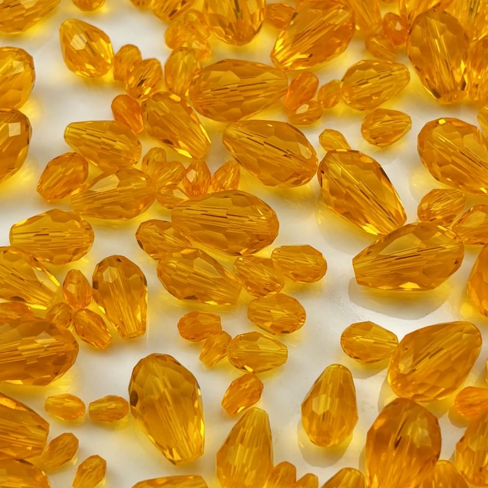 Xinhongo 340pcs Teardrop Crystal Glass Beads 3x5mm 4x6mm 6x8mm 8x12mm 10x15mm Vertical Hole Faceted Glass Spacer Beads for Necklace Bracelet Earrings DIY Jewelry Crafts(Orange)