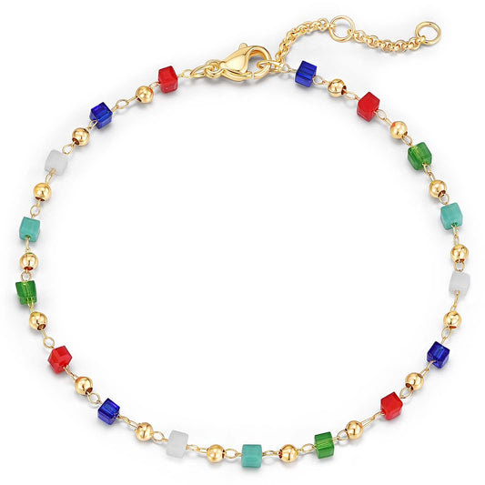 MEVECCO Gold Bracelet for Women 18K Gold Plated Colorful Square Crystal Stone Custom Handmade Mixed Beaded Charm Chain Bracelet Stack Jewelry Gifts