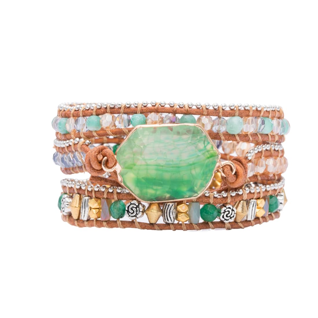 YGLINE Boho 3 Wrap Bead Bracelet Handmade Adjustable Natural Green Agate Stone Crystal Beaded Bracelets Leather Rope Yoga Healing Bracelet Jewelry