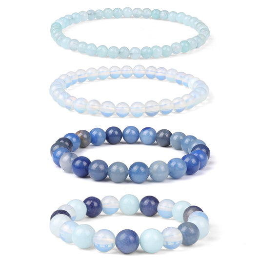 Vinswet 4pcs Natural Stone Beaded Bracelets for Women Men,Healing Crystal Gemstones Stretch Bracelet,4mm 6mm 8mm 10mm Opal Blue aventurine Amazonite Anxiety Stress Relief Bracelet Jewelry Gifts