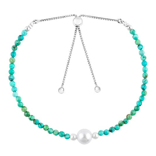 CRYSTALINES Genuine Turquoise Gemstone Bolo Bracelet, Cultured Pearl Beads Stones, Hypoallergenic Handmade Boho Jewelry for Women, Healing Crystals, Silver Chain 6+4inch, December Birthday Gift