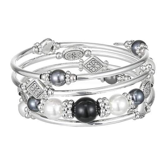 FULU AUTUMN Beaded Pearl Bangle Bracelets for Women Silver Wrap Bangles Bracelet Womens Costume Jewelry Fashion Gift(18-Black)