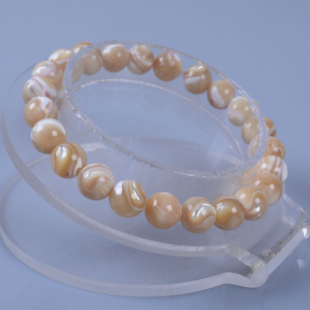 Justinstones Natural Khaki Mother Of Pearl Shell Gemstone 8mm Round Beads Stretch Bracelet 7 Inch Unisex