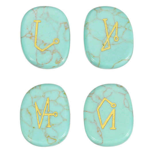 MECCANIXITY 4Pcs Engraved Chakra Stones with Reiki Symbols, Turquoise Reiki Healing Crystal Gemstone 7 Chakra Crystal Stones Tumbled Palm Stone for Anxiety Relieve