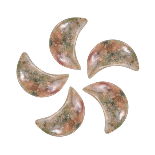 MECCANIXITY 5 Pcs Moon Crystal Worry Stone, 0.5 Inch Length Natural Unakite Moon Gemstone Bulk, Carved Pocket Stones for Meditation Balancing Pendant Decor