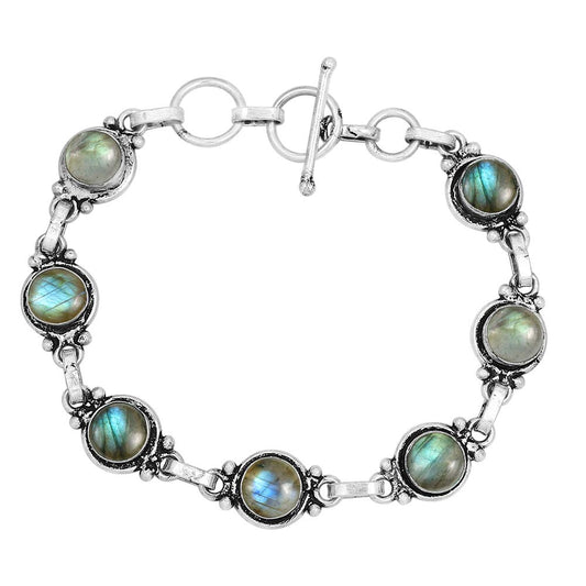 Natural Labradorite 925 Silver Plated Light Weight Trendy Bracelet for Women - Round Gemstone Vintage Style Handmade Adjustable Link Bracelet - Women's Day Gifts for Her