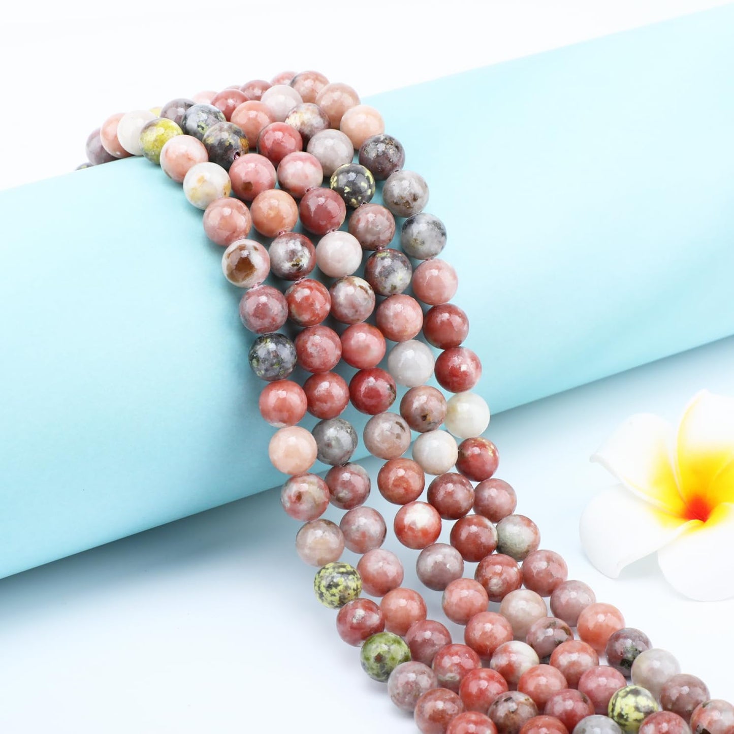 CMBYN Natural Stone Beads Round Genuine Real Stone Beading Strand Loose Gemstones DIY Smooth Bead for Bracelet Necklace Earrings Jewelry Making (Red Plum Blossom Stone, 8mm 45 Pieces)